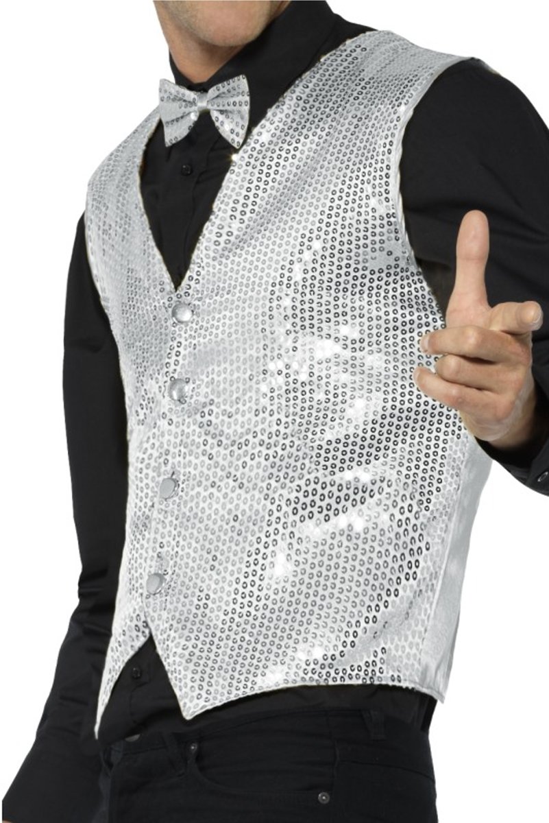 Glitter & Glamour Kostuum | Glinsterend Zilveren Pailletten Vest Man | Small | Carnaval kostuum | Verkleedkleding